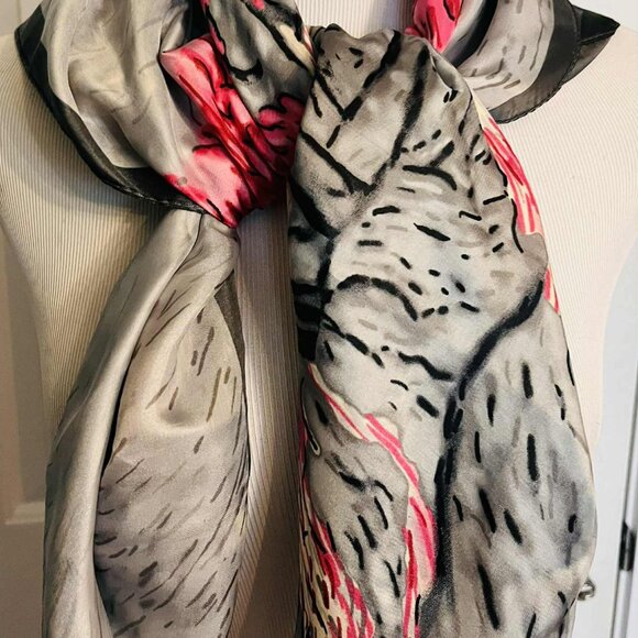 Vintage Faux Silk Scarf — Abstract Floral Art Design (1990s, Made in China) - Picture 3 of 9